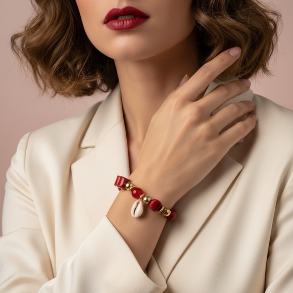 Red Beaded Cowrie Shell Bracelet ✨ Boho Gold Accent Stretch Bracelet | Handmade - Picture 2 of 5